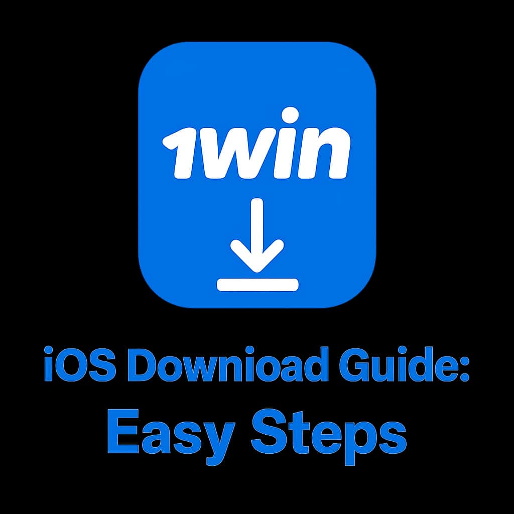 A simple badge design featuring the 1win iOS Download Guide text against a blue background.