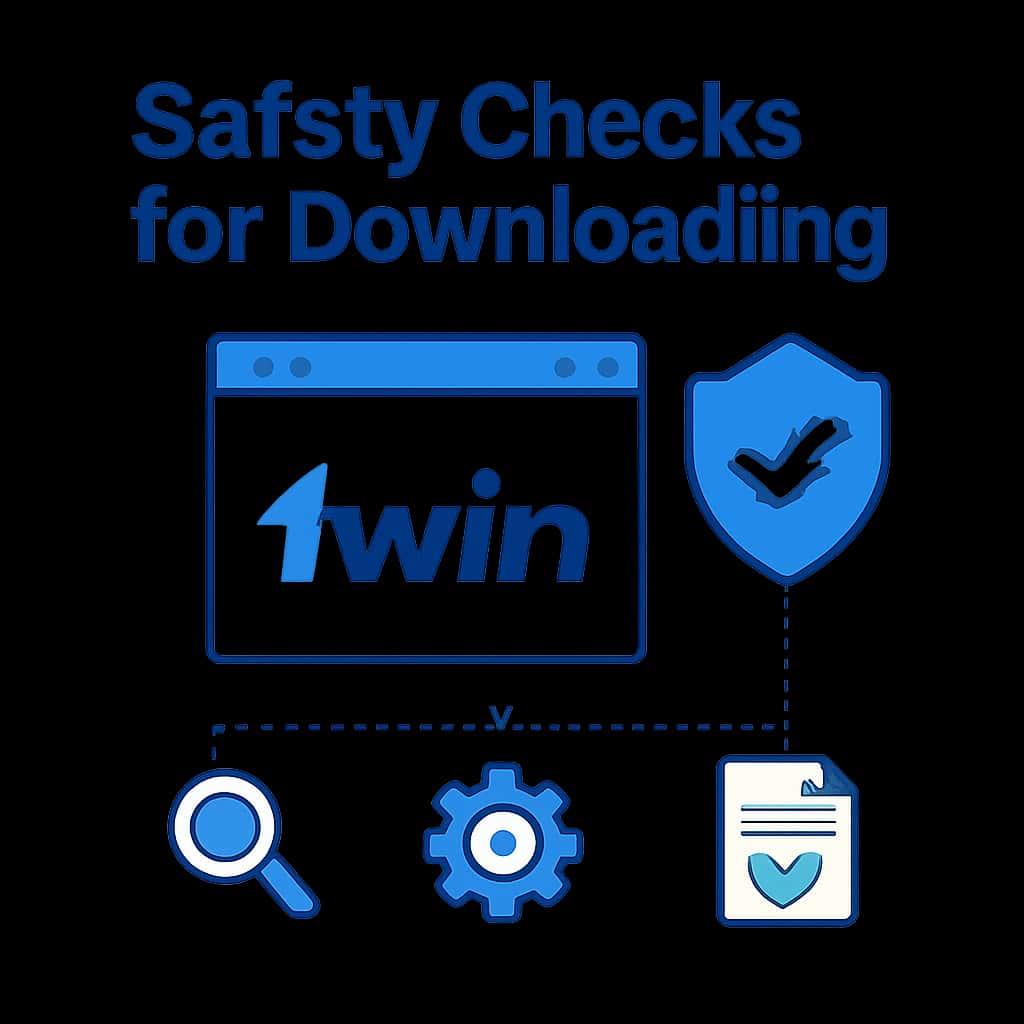 Diagram illustrating safety checks for downloading the 1win app.