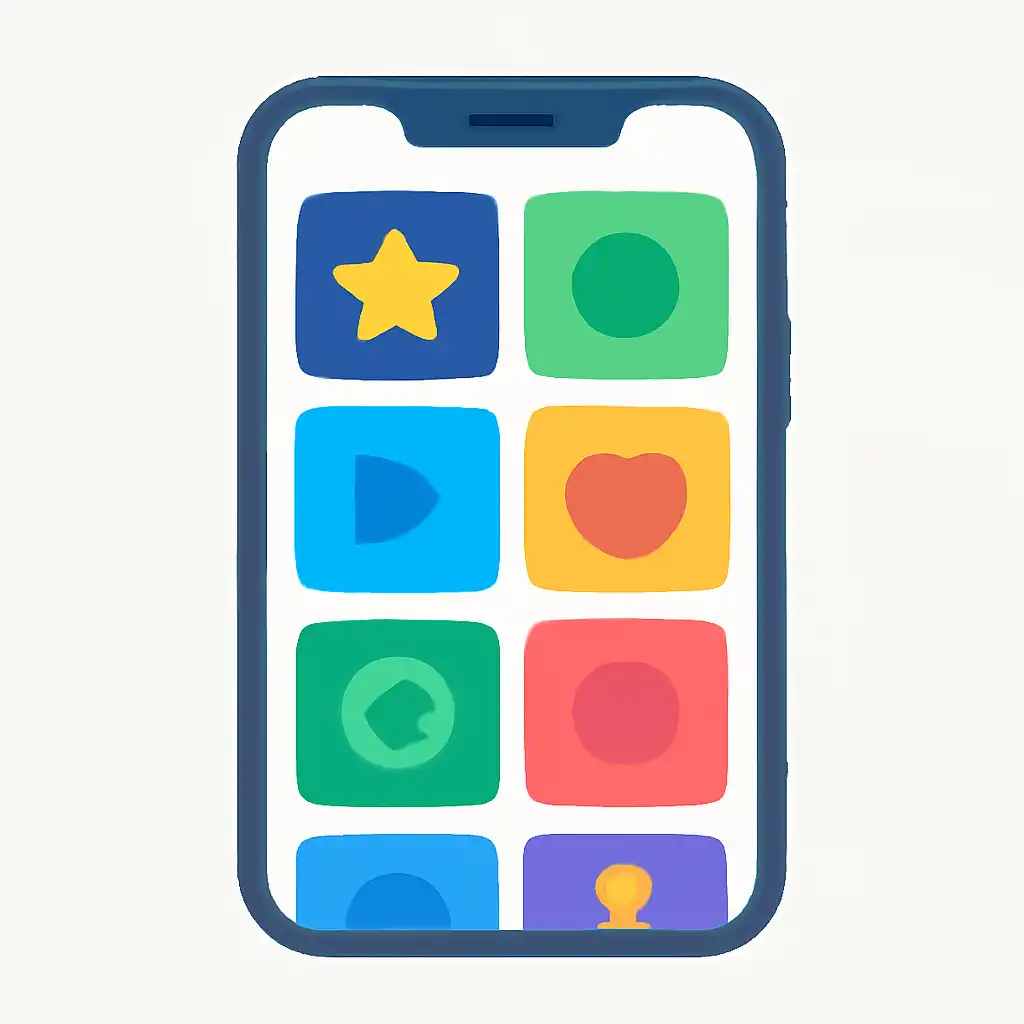Smartphone shown from the front displaying a colourful flat layout of abstract game icons and rounded tiles, Getting
