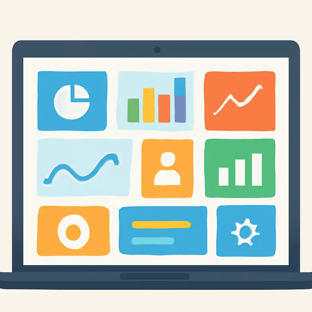Laptop shown from the front displaying a colourful flat dashboard of abstract charts, bars and icon tiles, Getting Started