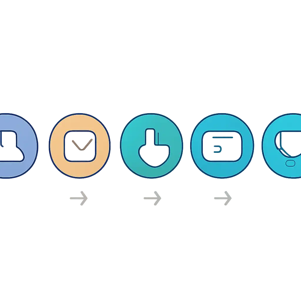 Five numbered circular icons connected by arrows in a horizontal flow, Getting Started With 1win game steps