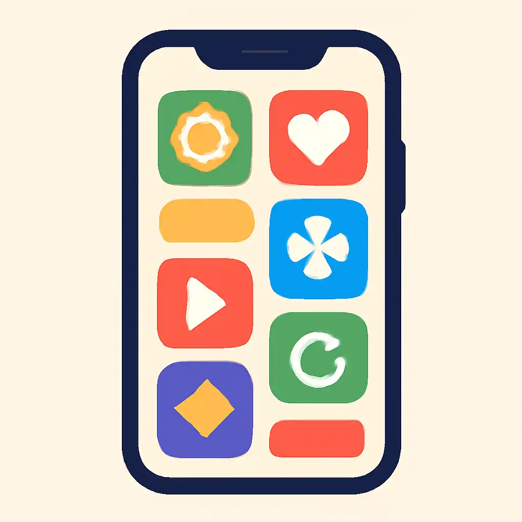 Smartphone shown from the front displaying a colourful flat layout of abstract game icons and rounded tiles, Deposits