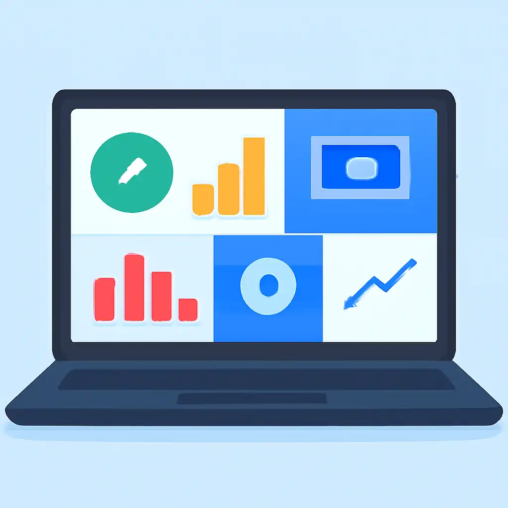Laptop shown from the front displaying a colourful flat dashboard of abstract charts, bars and icon tiles, Deposits