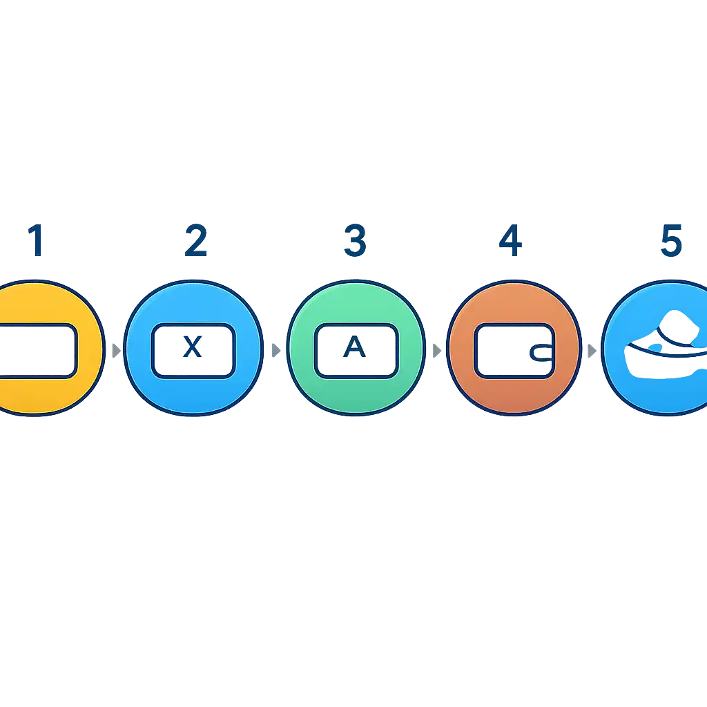 Five numbered circular icons connected by arrows in a horizontal flow, Deposits, Withdrawals and Payouts steps, 1Win Game