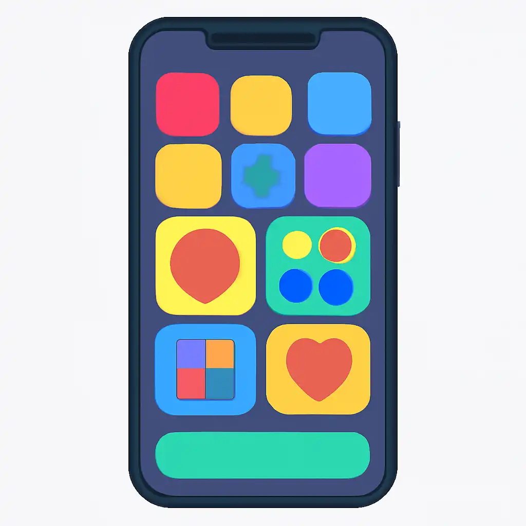 Smartphone shown from the front displaying a colourful flat layout of abstract game icons and rounded tiles, What 1win game