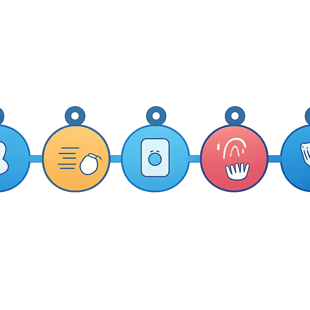 Five numbered circular icons connected by arrows in a horizontal flow, What 1win game Is and How It Works steps