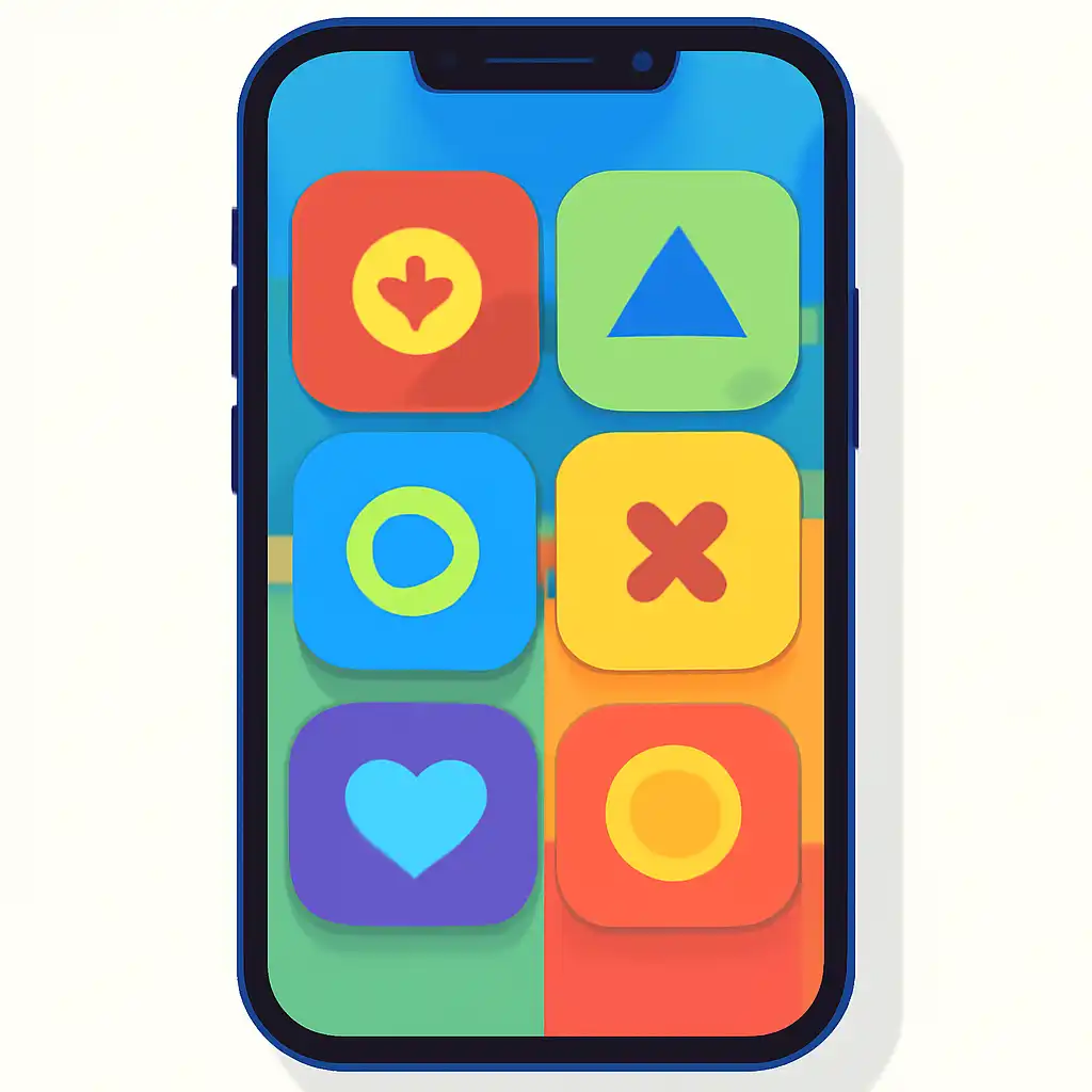 Smartphone shown from the front displaying a colourful flat layout of abstract game icons and rounded tiles, Common