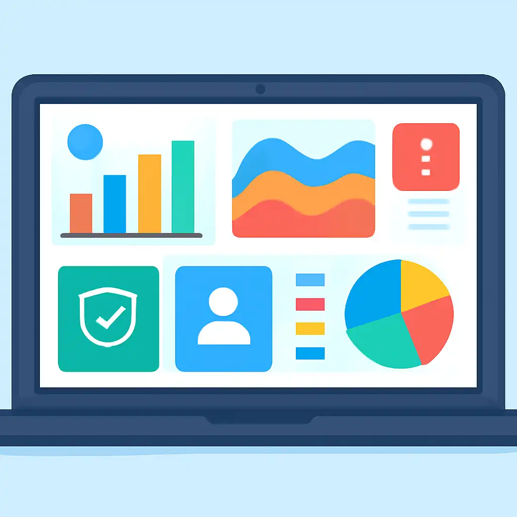 Laptop shown from the front displaying a colourful flat dashboard of abstract charts, bars and icon tiles, Common Mistakes