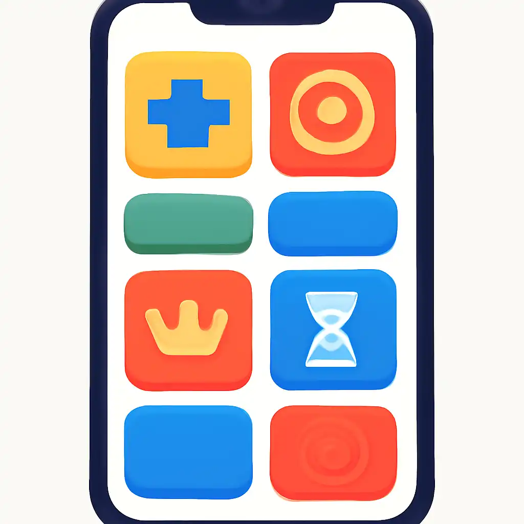 Smartphone shown from the front displaying a colourful flat layout of abstract game icons and rounded tiles, 1win game
