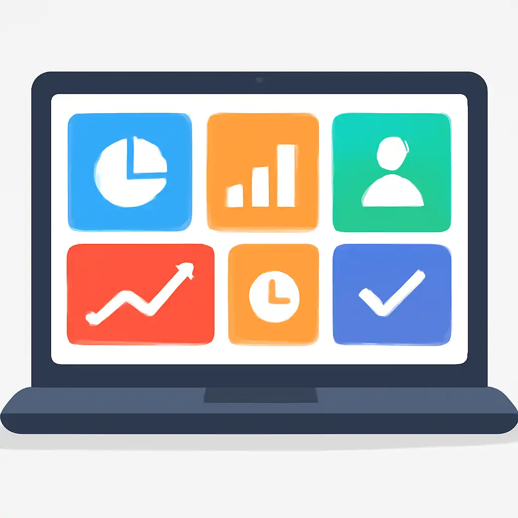 Laptop shown from the front displaying a colourful flat dashboard of abstract charts, bars and icon tiles, 1win game