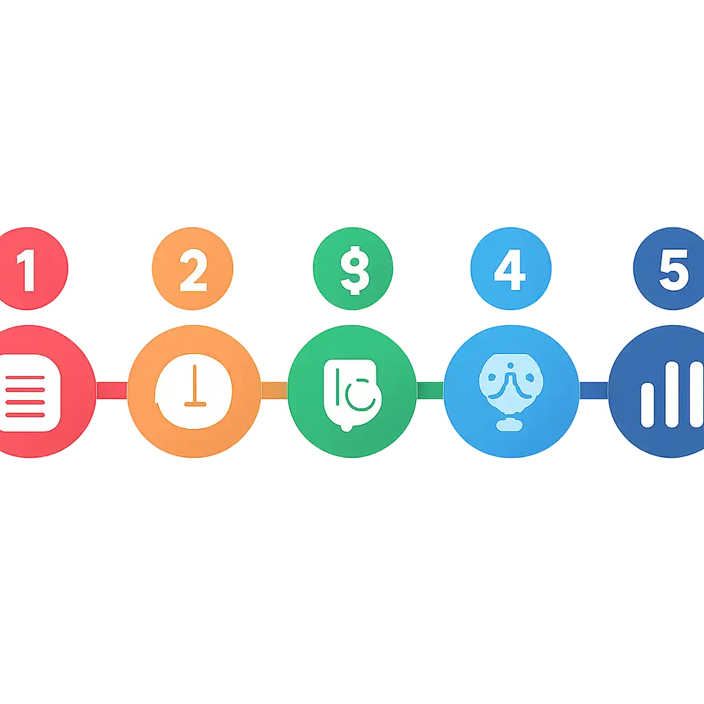 Five numbered circular icons connected by arrows in a horizontal flow, 1win game: Rules, Timings and Results steps