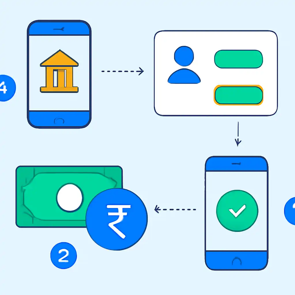 Annotated step diagram: upi deposits process with numbered callouts, 1Win Game
