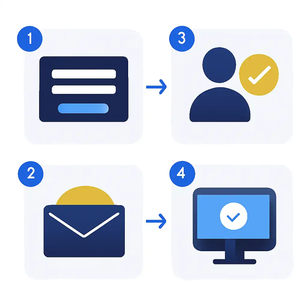 Annotated step diagram: creating an account process with numbered callouts, 1Win Game