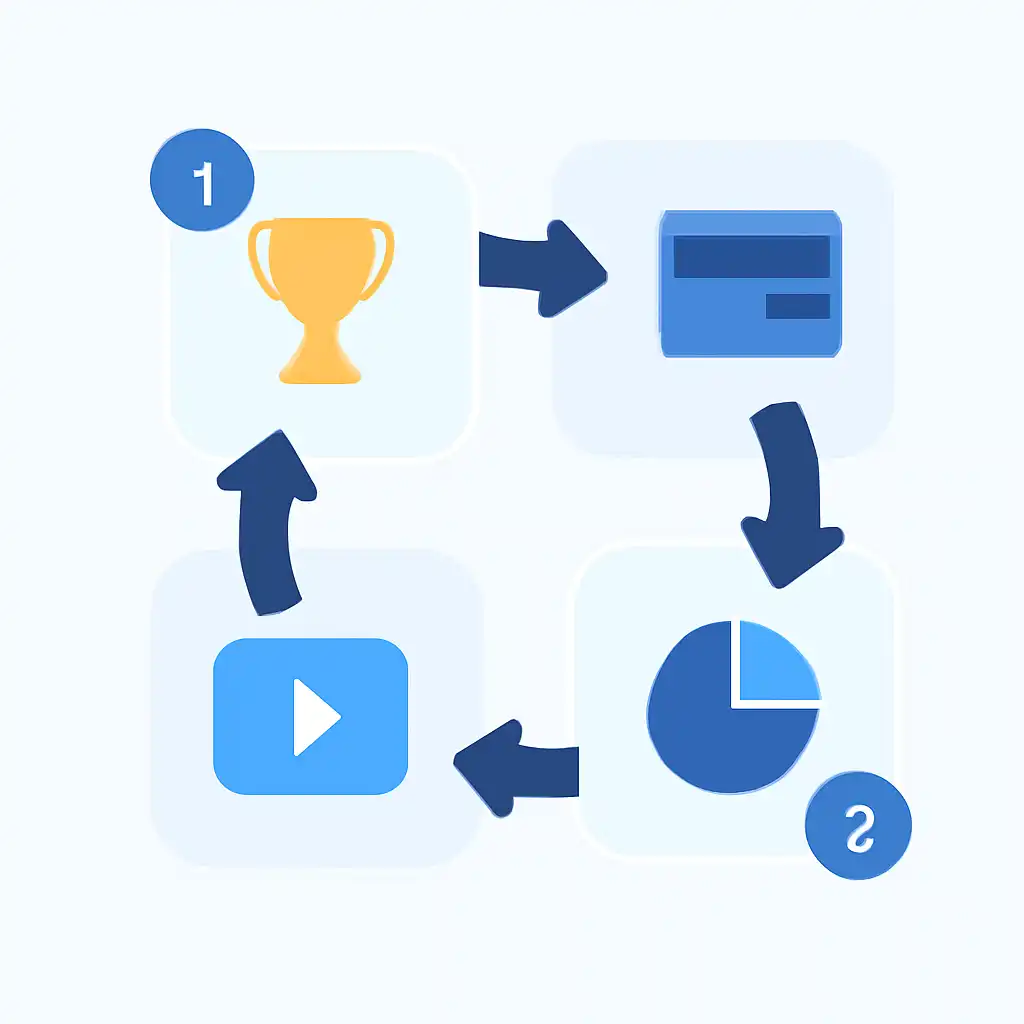 Annotated step diagram: round flow process with numbered callouts, 1Win Game