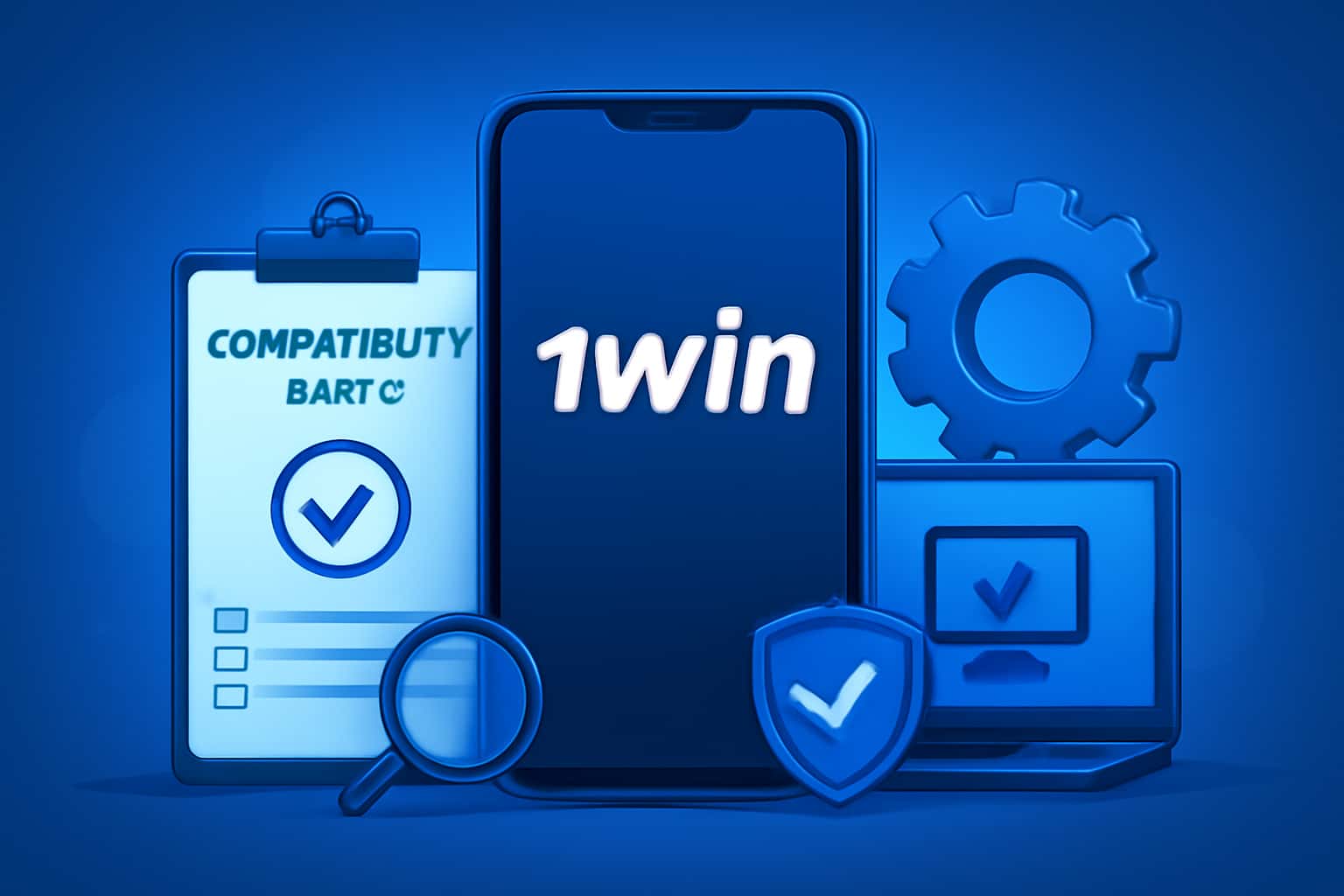 An informative illustration depicting compatibility checks for the 1win app.